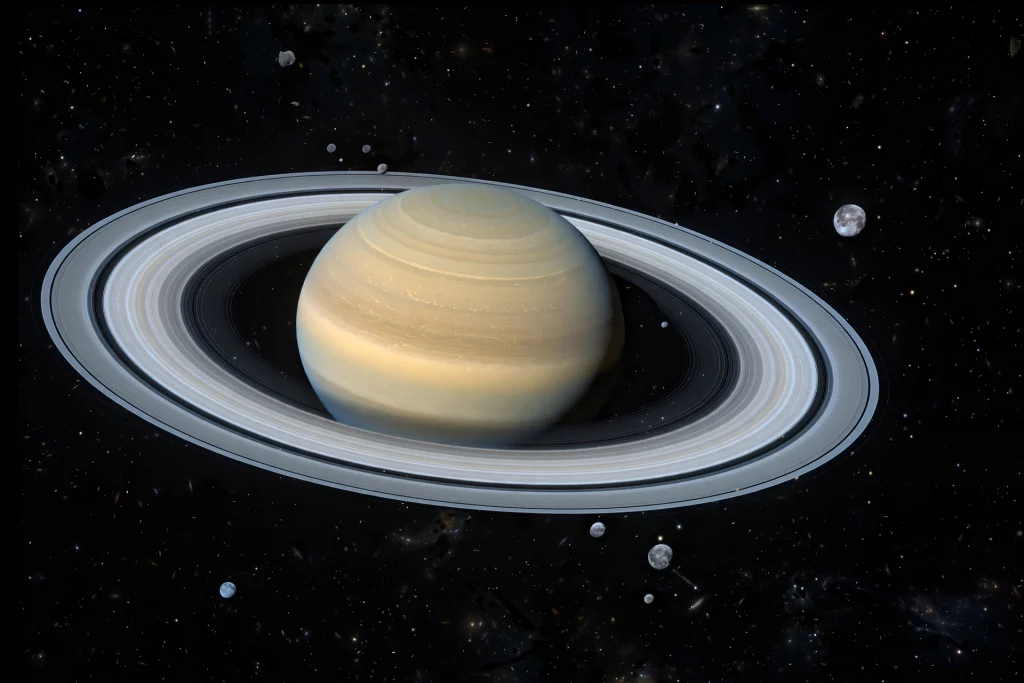 Saturn’s Line-Up Just Got Bigger: 274 Moons and Counting Saturn with a large swarm of small moons on tilted distant orbits