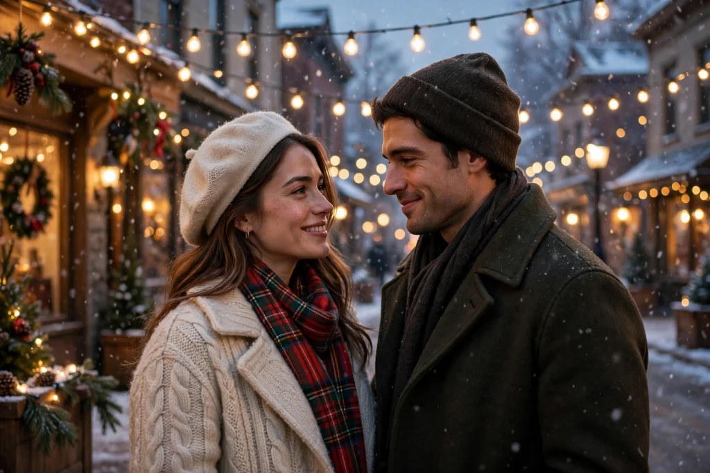 Leighton Meester and Jared Padalecki Star in Netflix Holiday Romance Guarding Stars Couple in winter coats under festive Christmas lights in the snow, evoking Netflix holiday romance Guarding Stars